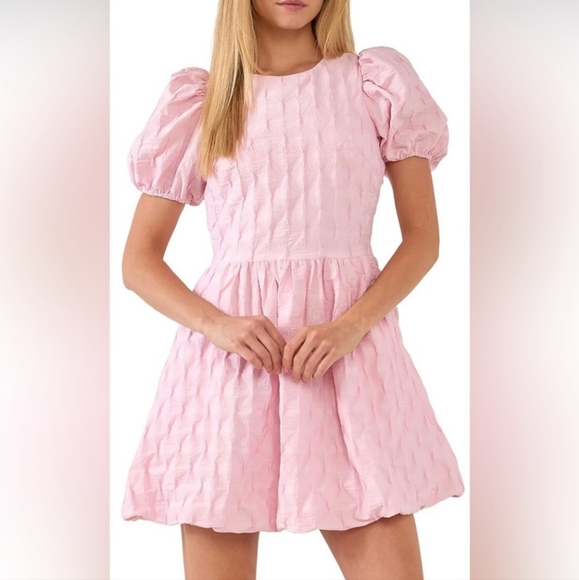 English Factory Pink Textured Balloon Mini Dress - Picture 1 of 15